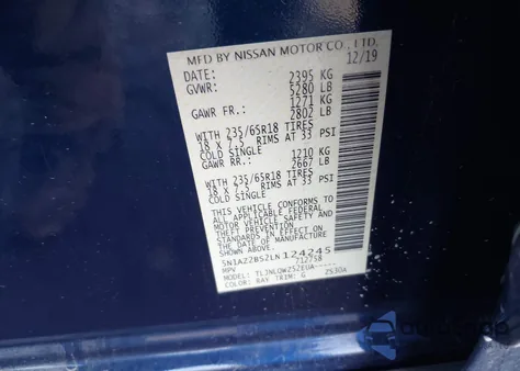 2020 Nissan Murano Sv Intelligent Awd z USA, uszkodzony, nr VIN 5N1AZ2BS2LN124245